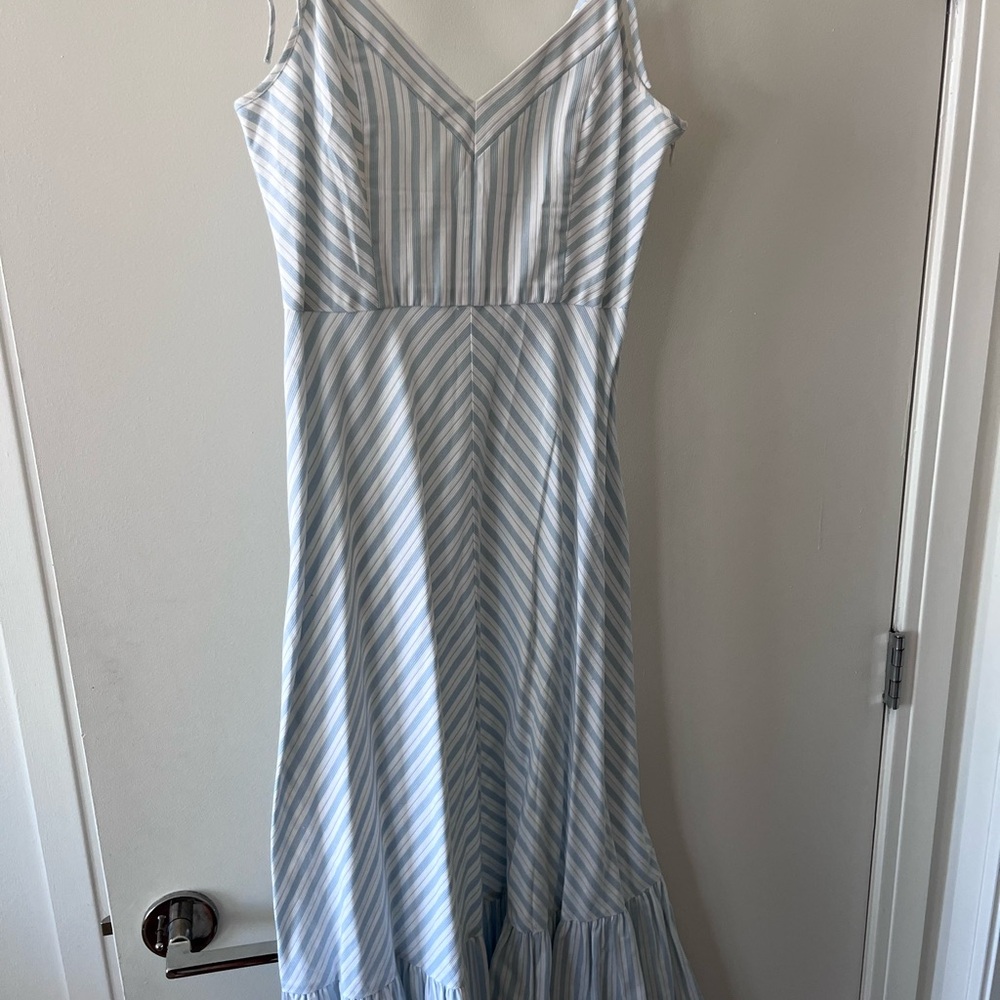 Club Monaco Blue and White Striped V‑Neck Midi Dress
